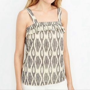 J.Crew Omar print ruffle trim tank top ivory navy button strap size 00
